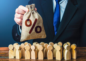 A businessman offers a bag with percent symbol to people. Favorable investment offer. Deposit. Loan...