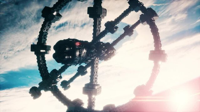 Highly detailed huge spaceship approaching to the Earth