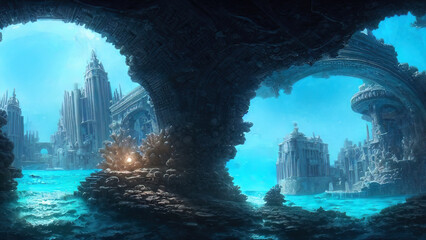 Ancient majestic sunken city of Atlantis civilization. Fantasy city at the bottom of the ocean. 3D illustration - obrazy, fototapety, plakaty