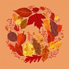 Autumn composition, leaves arranged in warm colors , anime style