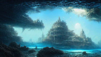 Ancient majestic sunken city of Atlantis civilization. Fantasy city at the bottom of the ocean. 3D illustration