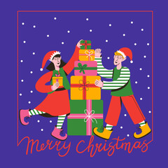 Obraz na płótnie Canvas Christmas Santas Elves cute little boy and girl. Santas helpers bringing gifts. Merry Christmas greeting card, banner or poster