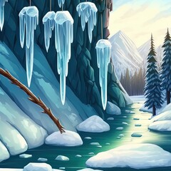 Amazing crystal icicle shapes hanging from the edge of snow covered riverbank during winter