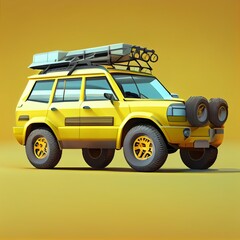 Cartoon SUV overland isolated on yellow background. Isometric illustration in style of 3d icons. Ai generated	