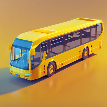 Isometric cartoon yellow bus model isolated on clean yellow background, beautiful Ai generated illustration in style of 3d render