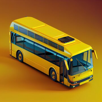 Isometric cartoon yellow bus model isolated on clean yellow background, beautiful Ai generated illustration in style of 3d render