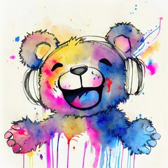 Cute happy teddy bear in headphones. Bright colorful paints smudges, spatter, drip. Ai generated	