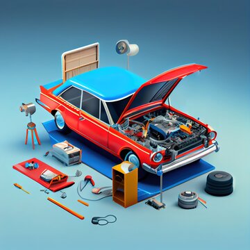 Cartoon car service, repairing service conceptual isometric illustration in style of 3d icons. Ai generated