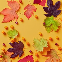 Fototapeta premium Autumn leaves flat lay Minimalistic composition on a yellow background Orange green grape leaves top view, copy space Mockup for autumn design of postcards invitations websites Autumn background , ani