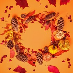 Autumn creative composition Wreath made of autumn leaves, berries, pumpkins and cones on a yellow background Flat lay, top view, copy space , anime style