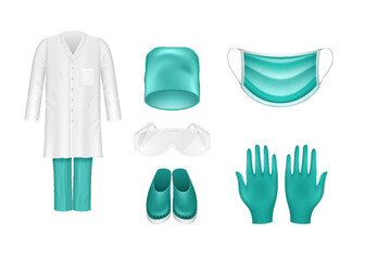 Medical worker uniform and accessories. Realistic face mask, coat, hat, shoes, glasses and gloves