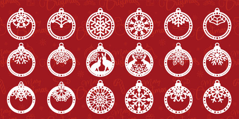 Big set of New Years decorations - balls with rabbits and snowflakes. New Year theme. Template for laser cutting. Vector illustration.