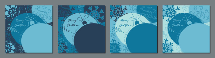 collection of square artistic blue christmas card templates, christmas tree balls abstract and hand drawn with snowflakes, set of flat background banner for social media, print, covers, ads, marketing