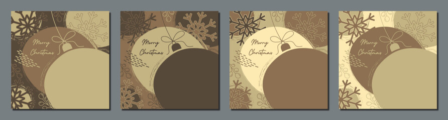set of square artistic christmas card templates, brown 
 christmas tree balls abstract and hand drawn with snowflakes, collection of flat background banner for social media, print, covers, marketing