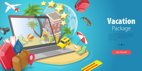 3D Vector Conceptual Illustration of Vacation Package, Travel Booking Service