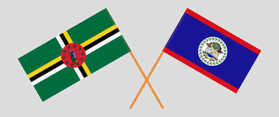 Crossed flags of Dominica and Belize. Official colors. Correct proportion