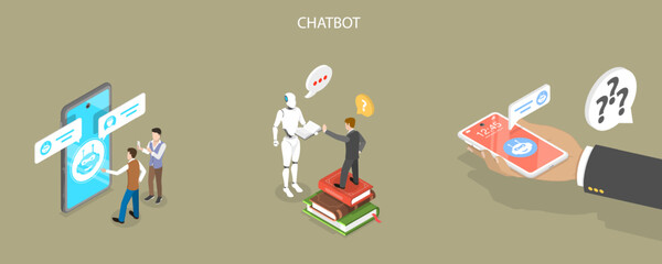 Fototapeta premium 3D Isometric Flat Vector Conceptual Illustration of Chatbot Customer Support, AI Assistant