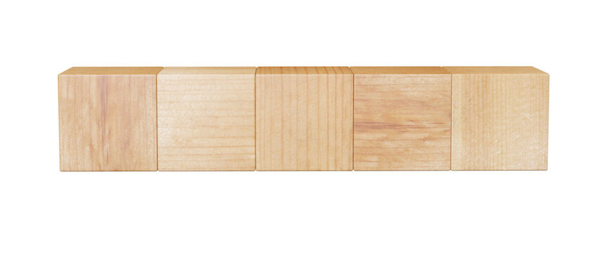 Wood tile blocks in isolated white background, 3d rendering. Mock-up for text, abbreviation and signs on timber cubes