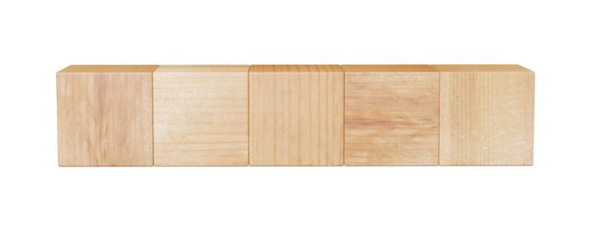 Wood tile blocks in isolated white background, 3d rendering. Mock-up for text, abbreviation and signs on timber cubes