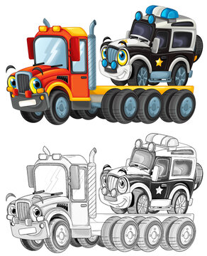 funny cartoon tow truck driver and other vehicle car isolated