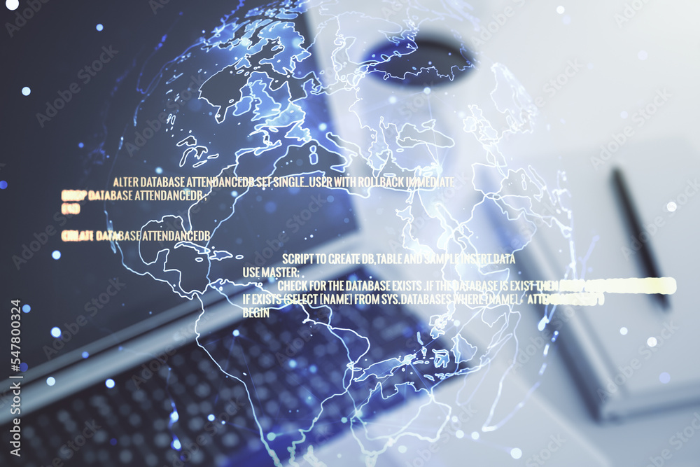 Poster double exposure of abstract creative programming illustration with world map on computer background,