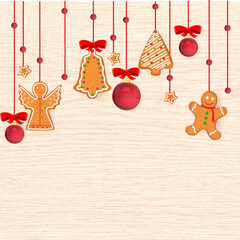 Wooden background with Christmas gingerbread. Suitable for a New Year's card. 3d vector in high quality