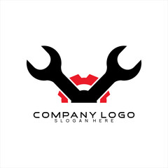 Obraz premium Mechanic vector logo design. Illustration of sunrise with wrench and gear elements.