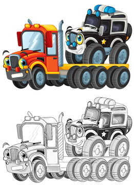 funny cartoon tow truck driver and other vehicle car isolated