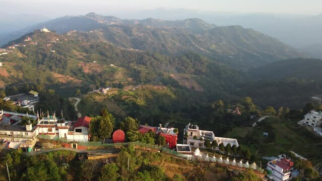 Sunset above valley Buddhist monastery Nepal in the Himalaya mountains