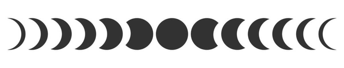 Moon phases. Lunar calendar cycle. New, quarter, half and full Luna sphere silhouettes isolated on white background. Astrology sings. Mystic symbols