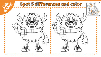 Spot the differences. Educational children game and coloring page. Contour of cartoon monster. Vector illustration.