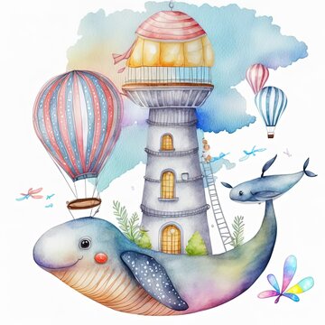 Beautiful baby clip art composition with cute watercolor flying whale lighthouse and air balloons. Children stock illustration.