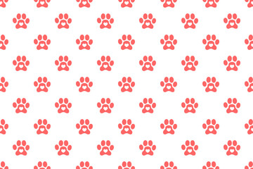 Dog or cat paw print with heart inside seamless pattern. Animals footprint background. Scrapbooking or wrapping paper, fabric design. Vector flat illustration.
