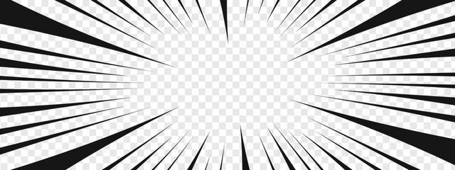 Emphasis graphic effect in comic manga book page. Radial black lines on transparent background. Cartoon visualisation of flash, splash, explosion, bang, scream, roar, burst