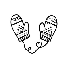 Christmas knitted mittens. Hand drawn mittens in doodle style. Mittens with hearts