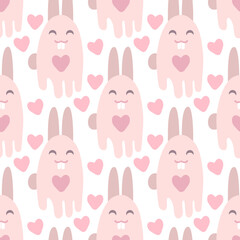 Romantic seamless pattern with big teeth hares and hearts. Vintage style print for T-shirt, textile, fabric, paper. Hand drawn vector illustration for decor and design.