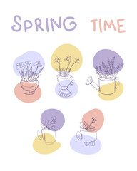 Lineart spring flowers crocuses, lavender, daffodils, daisy and pansy poster. Hand drawn vector illustration for decor and design.