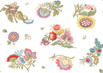 Fantasy flowers in retro, vintage, jacobean embroidery style. Seamless pattern, background. Vector illustration. Multicolor.