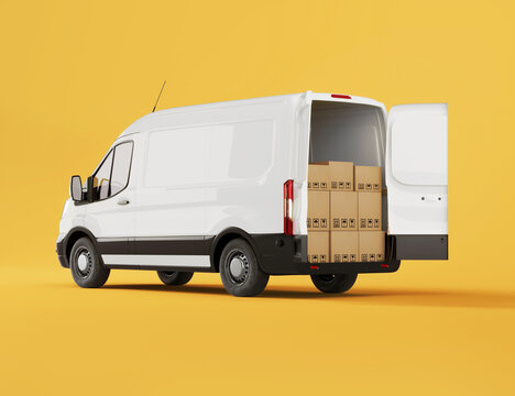 3d render of a white delivery van with cardboard boxes inside the vehicle on yellow background. Logistics and wholesale concept.Online Orders, Purchases, E-Commerce Goods, Merchandise