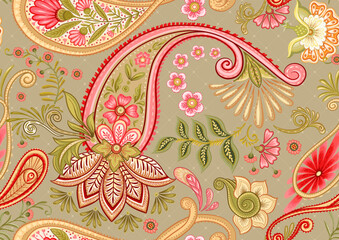 Fantasy flowers in retro, vintage, jacobean embroidery style. Paisley seamless pattern, background. Vector illustration on kraft paper background.