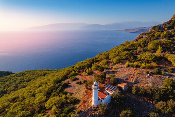 Fototapeta na wymiar Aerial top view Gelidonya lighthouse on Lycian Way Antalya Turkey. Concept beautiful summer travel landscape