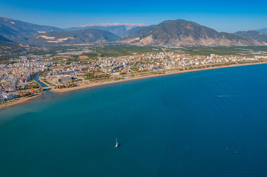 Aerial top View marina in Finike of Antalya Turkey. Landscape summer time