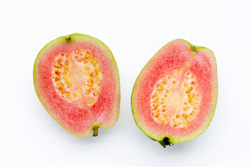Fresh pink guava on white background.