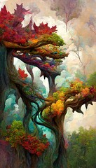 Abstract magical fantasy woods - vibrant autumn fall colors, misty fog and sacred old towering fantasy trees in strange and unusual curvy shapes.