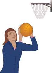 businesswoman aims basketball to shoot ball into hoop isolated on white background