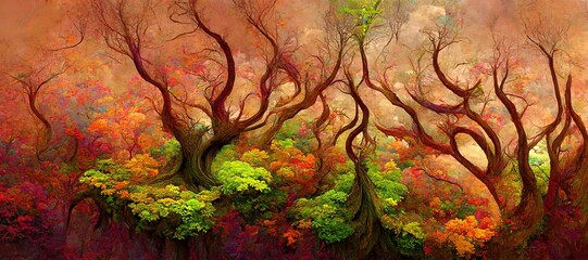 Naklejka premium Abstract magical fantasy woods - vibrant autumn fall colors, misty fog and sacred old towering fantasy trees in strange and unusual curvy shapes.