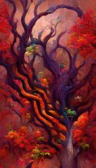 Abstract magical fantasy woods - vibrant autumn fall colors, misty fog and sacred old towering fantasy trees in strange and unusual curvy shapes.