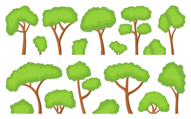 Green trees and bushes flat icon set. Forest foliage landscape floral outdoor element. Different shape botanical park cartoon plants. Natural ecology summer garden. Maple oak birch aspen ash on white