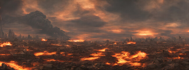 Post apocalypse. Nuclear apocalypse survivor. Ruined Cityscape. Concept. Banner size. Header