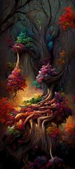 Fototapeta premium Abstract magical fantasy woods - vibrant autumn fall colors, misty fog and sacred old towering fantasy trees in strange and unusual curvy shapes.